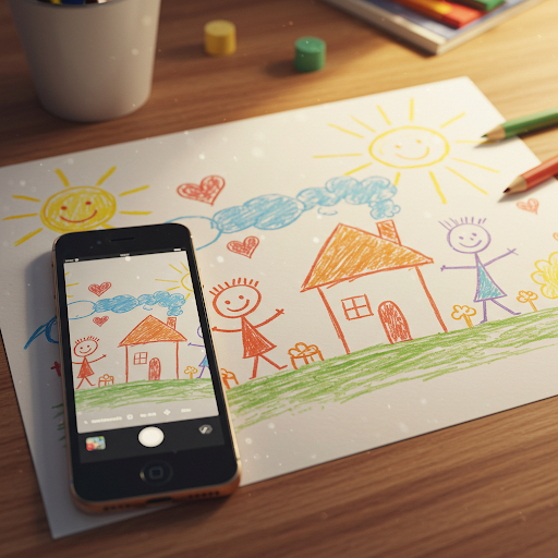 Child's drawing of family and house with sun, photographed by a smartphone on a wooden table.