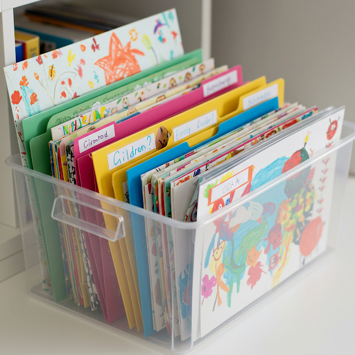 Organized children's artwork in colorful folders inside a clear storage box.