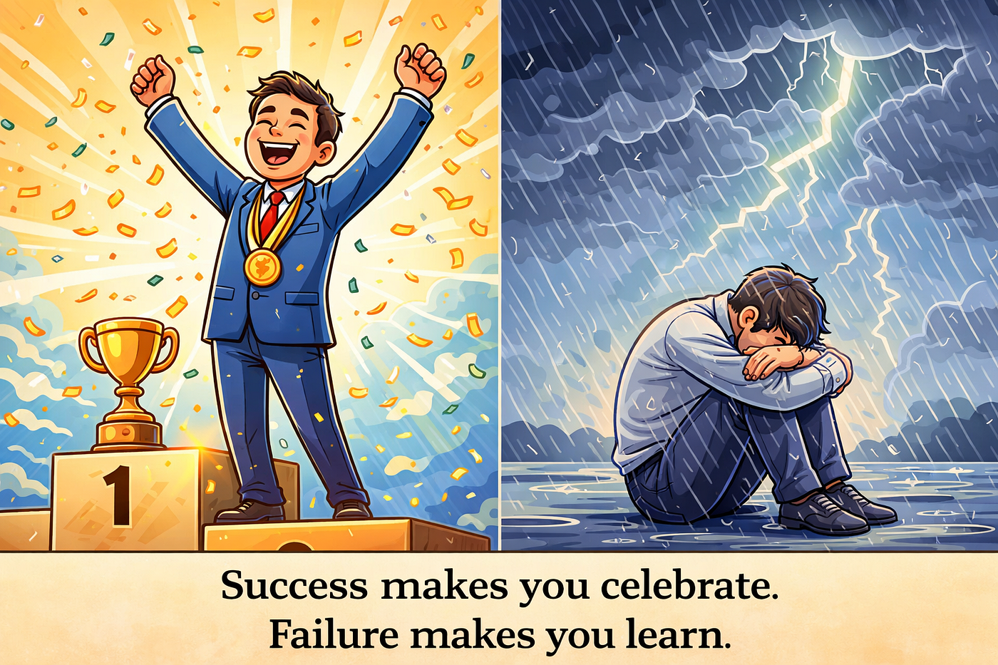 A split cartoon showing a man celebrating on a winner's podium and another man dejected in the rain.