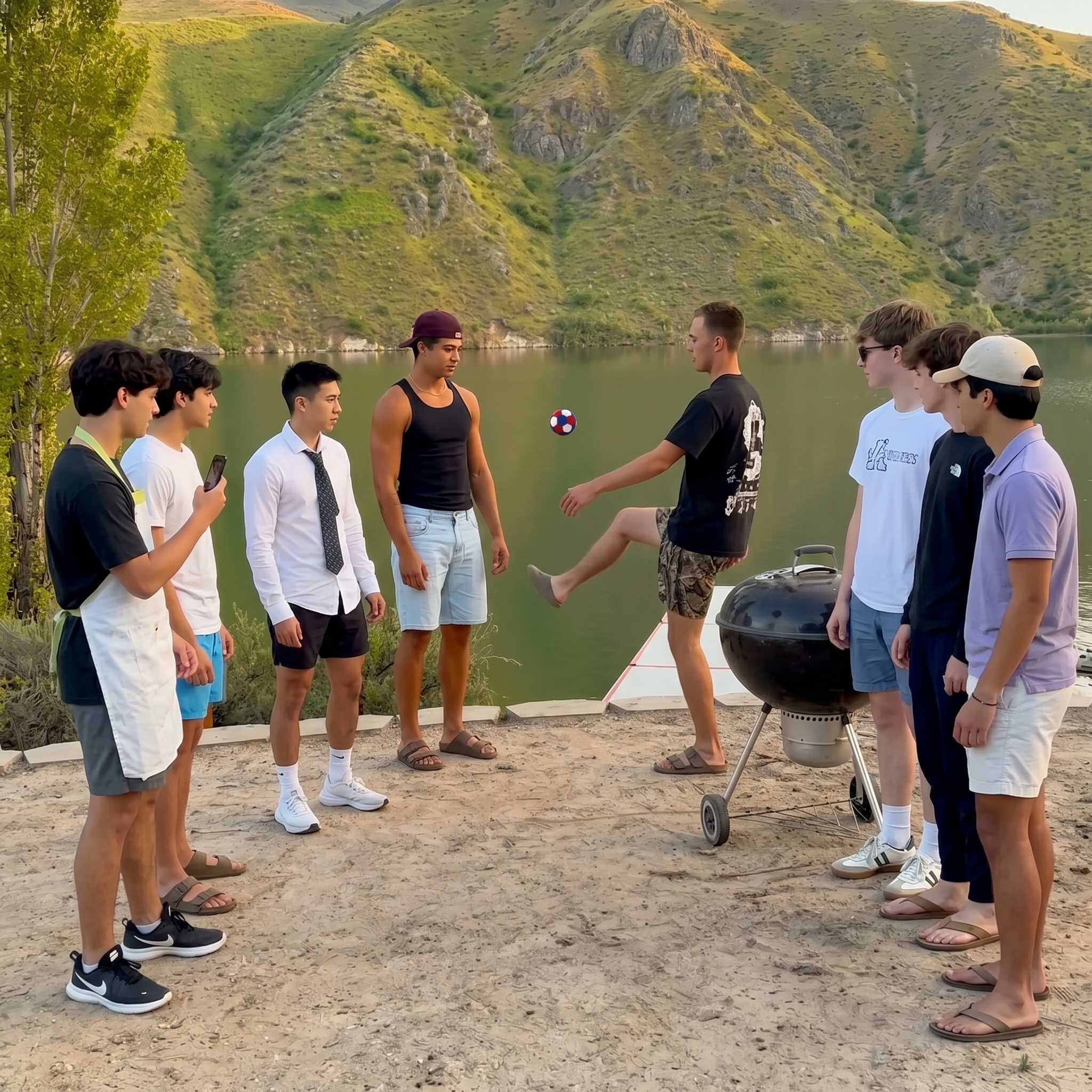 A group of young men stand in a circle by a lake, one kicking a small ball.