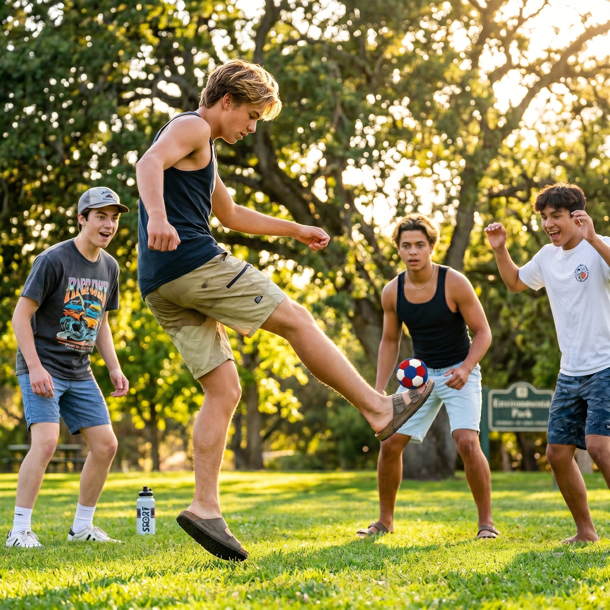Four young men play with a small, colorful ball on a grassy field in a park.