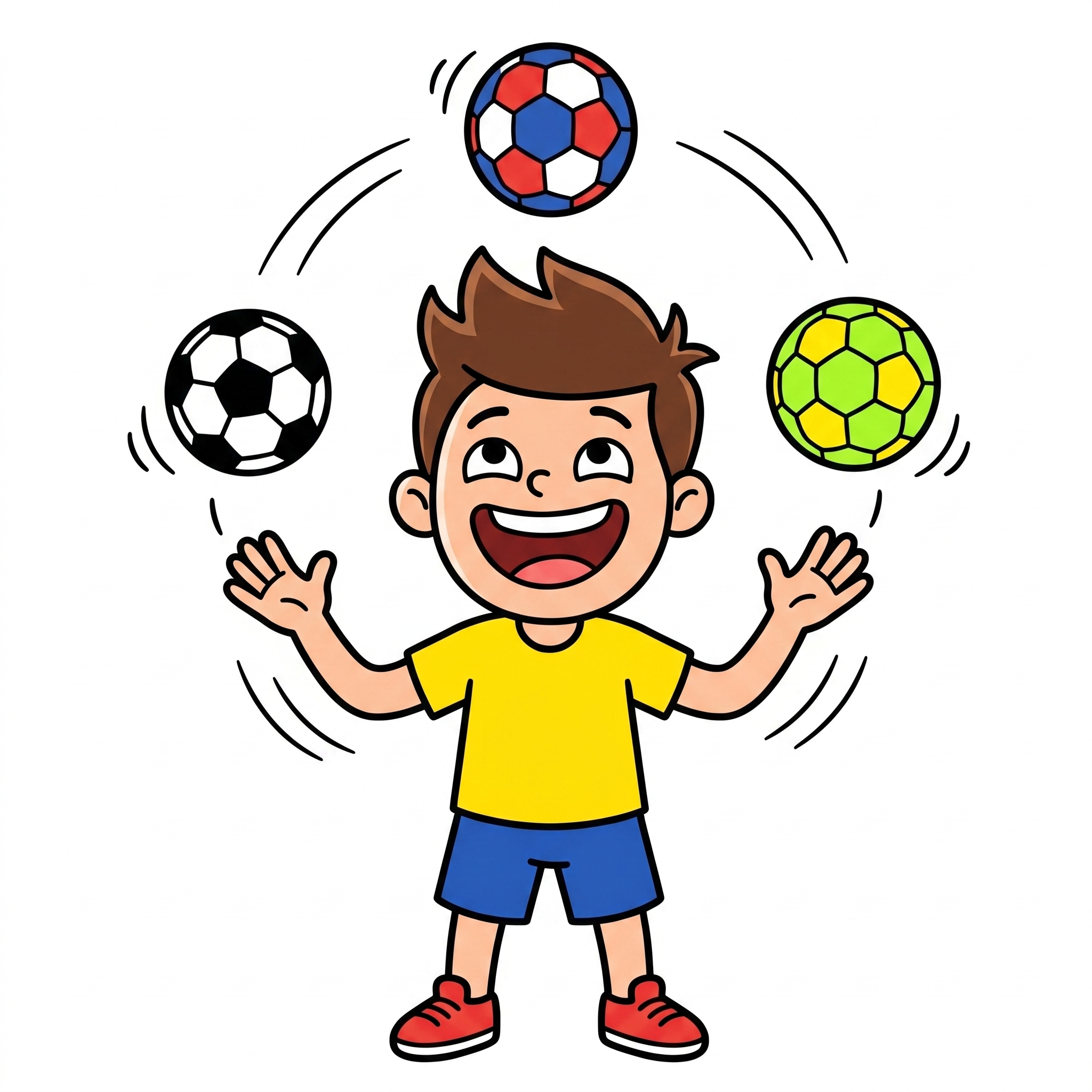 A cartoon illustration of a happy boy juggling three colorful soccer balls.