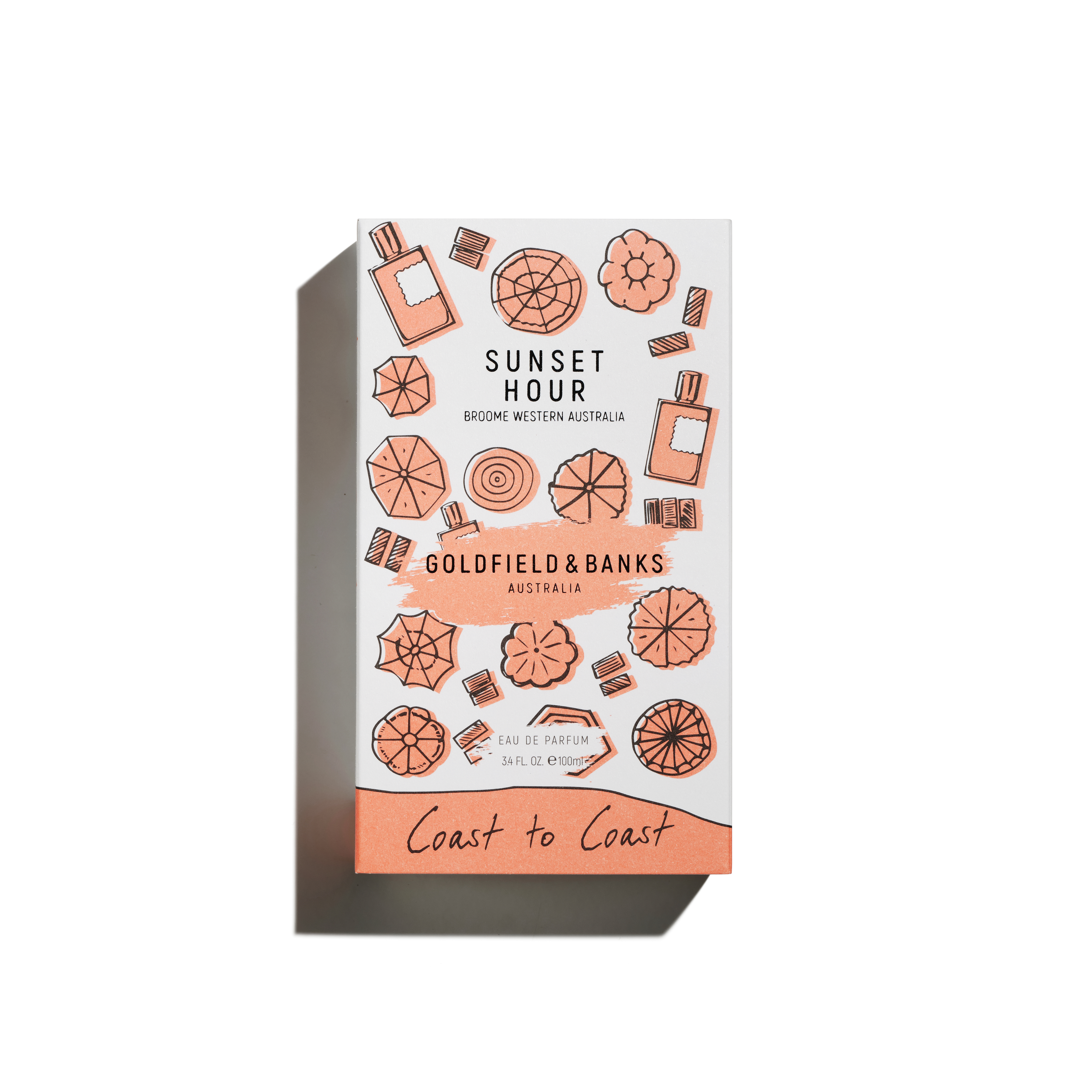 Perfume box with orange geometric designs and text 'Sunset Hour' and 'Goldfield & Banks Australia.'