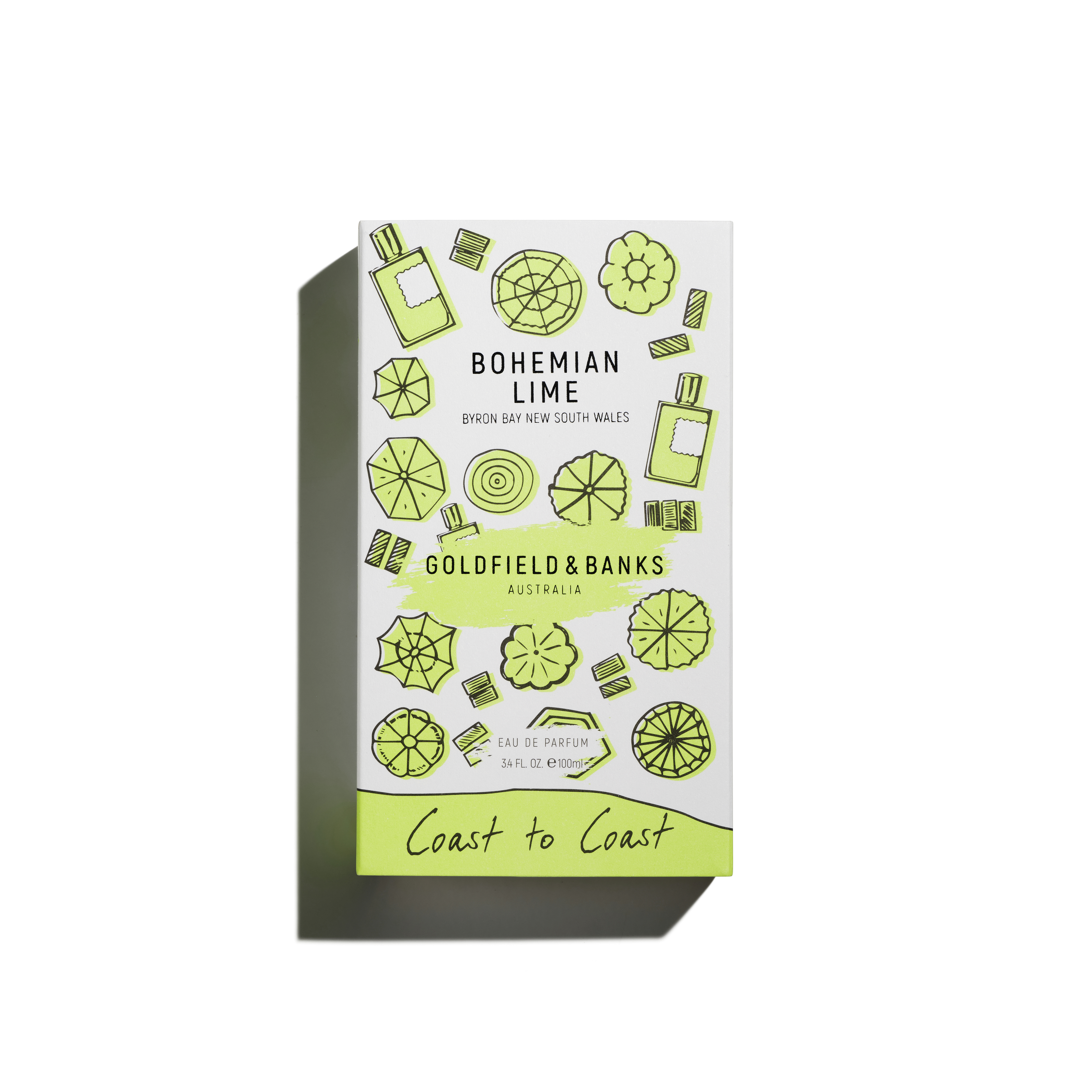 Perfume box with green geometric designs and text 'Bohemian Lime' and 'Goldfield & Banks'.