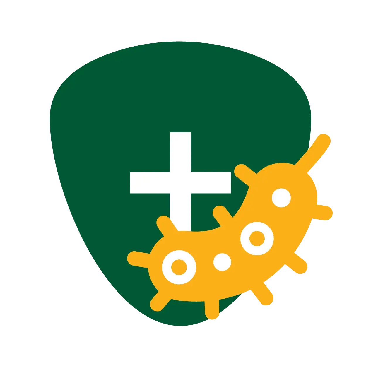 A graphic icon of a green shield with a white plus sign and a yellow germ or virus.