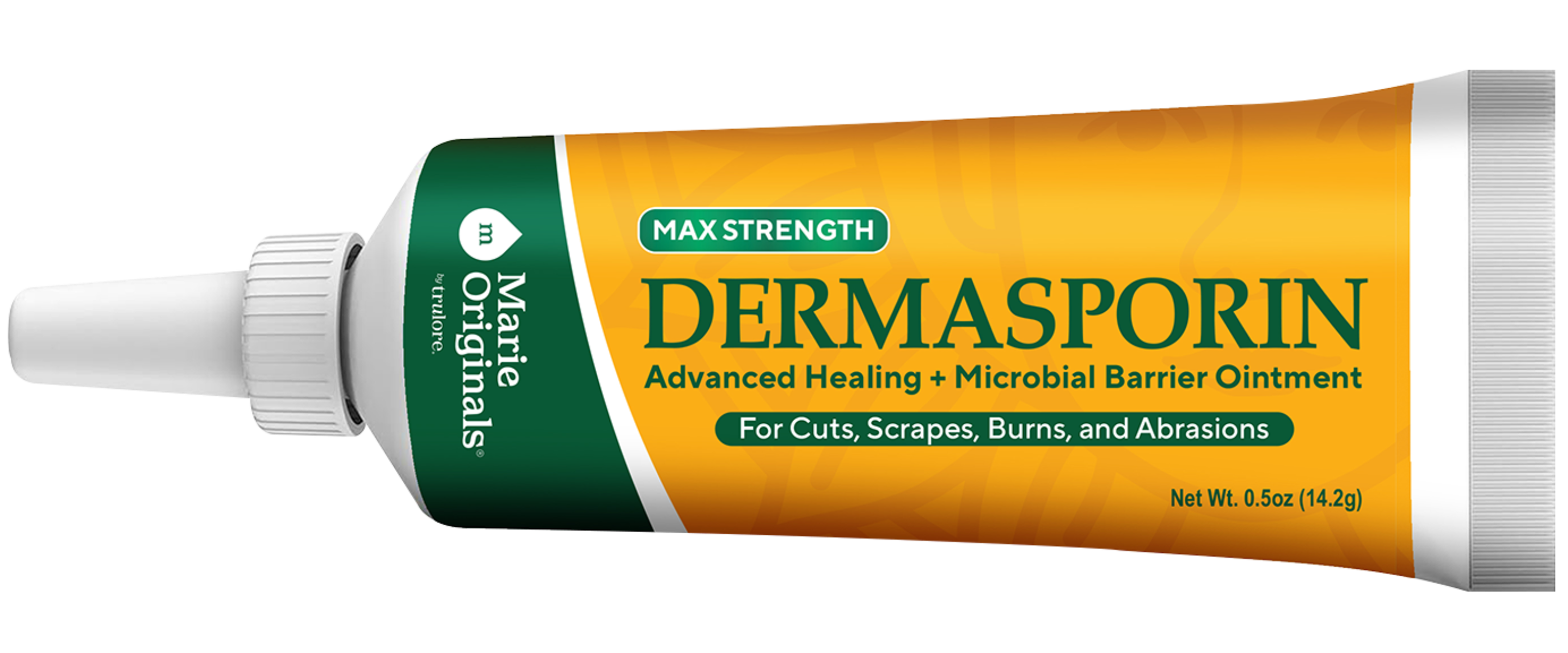 A tube of Marie Originals Max Strength Dermasporin Advanced Healing ointment against a white background.