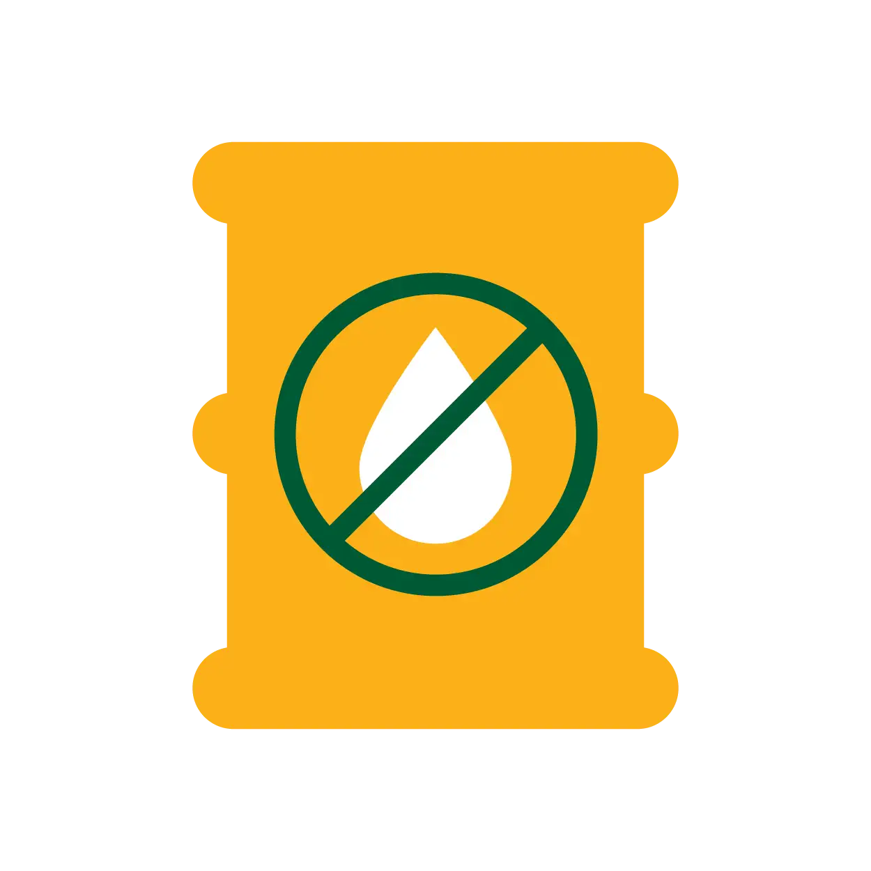 A yellow barrel icon with a green prohibition symbol over a white liquid drop.