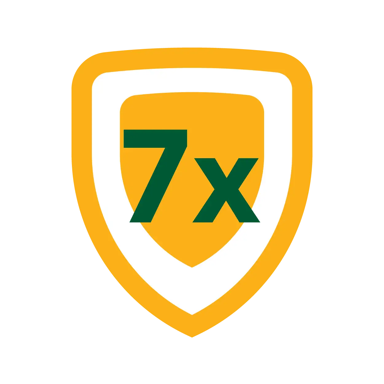 A yellow and white shield icon with the dark green text '7x' in the center.