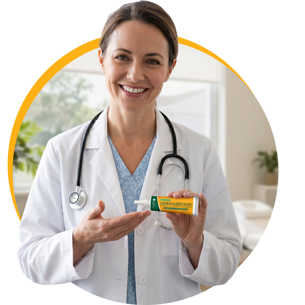 A smiling female doctor in a white coat holds a tube of Dermasporin ointment.