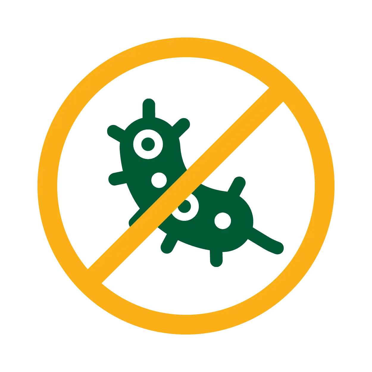 An icon of a green germ with a yellow prohibition sign over it, indicating an antibacterial or germ-free property.