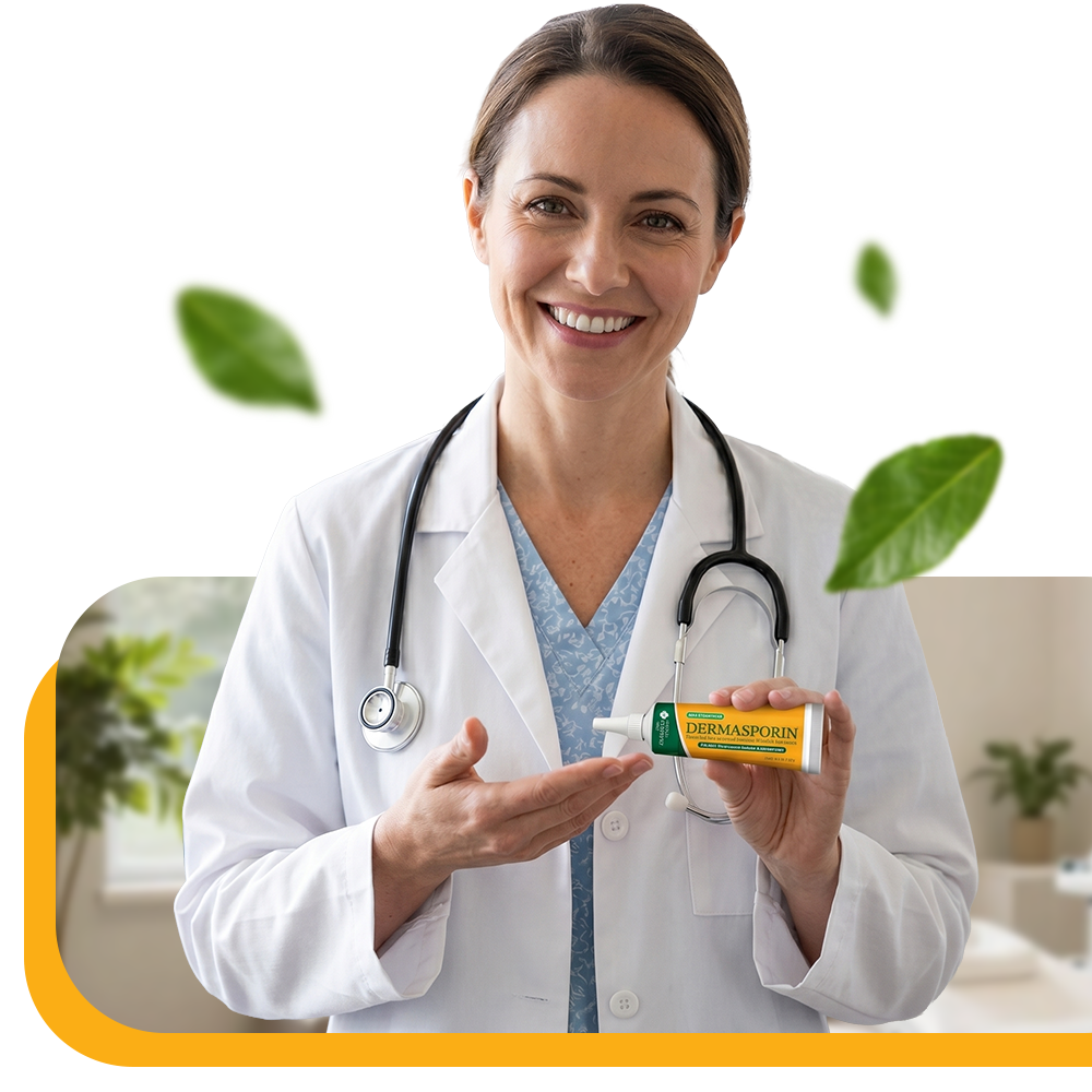 A smiling female doctor in a white coat and stethoscope holds a tube of Dermasporin.
