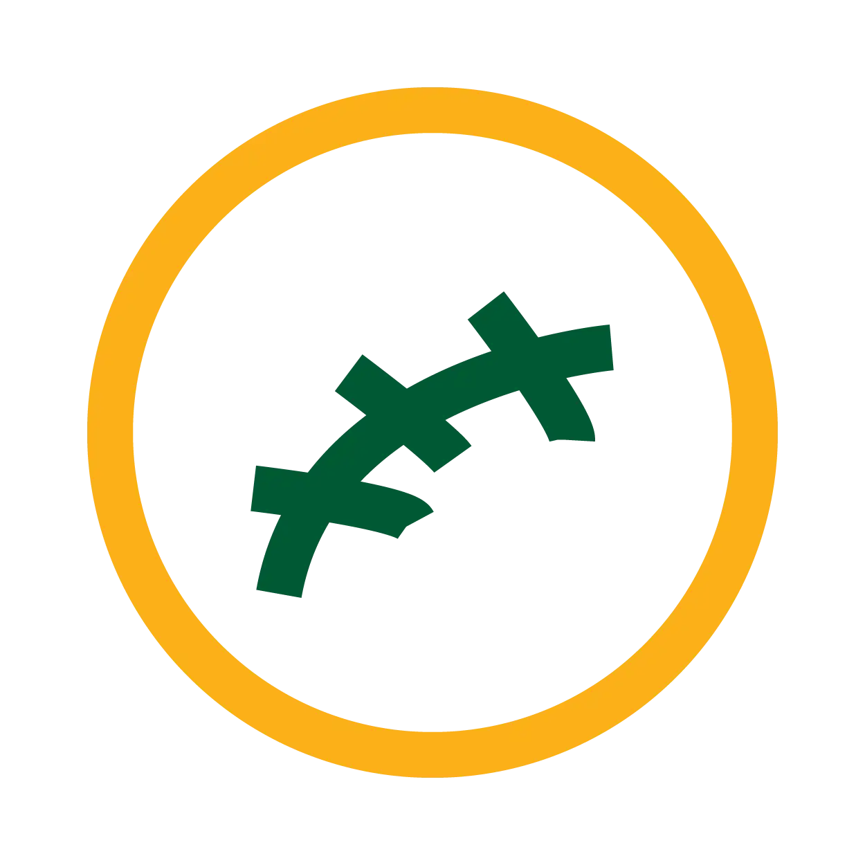 A green icon resembling stitches inside a yellow circle on a light gray background.