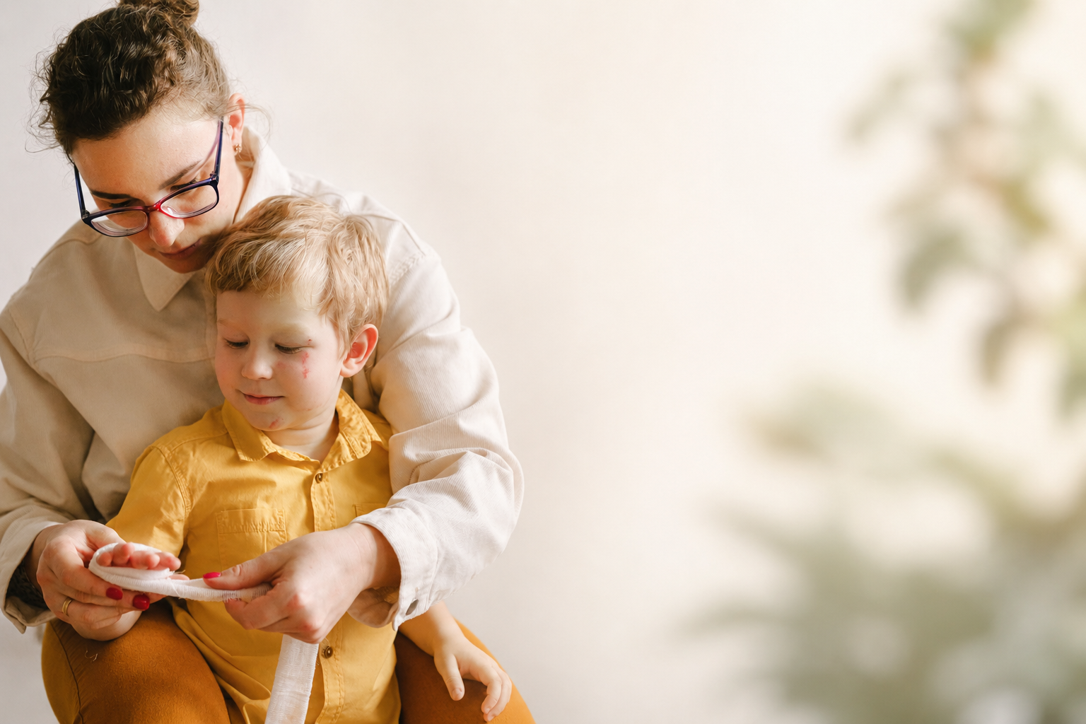 A woman with glasses wraps a bandage around a young boy's hand as he sits on her lap.