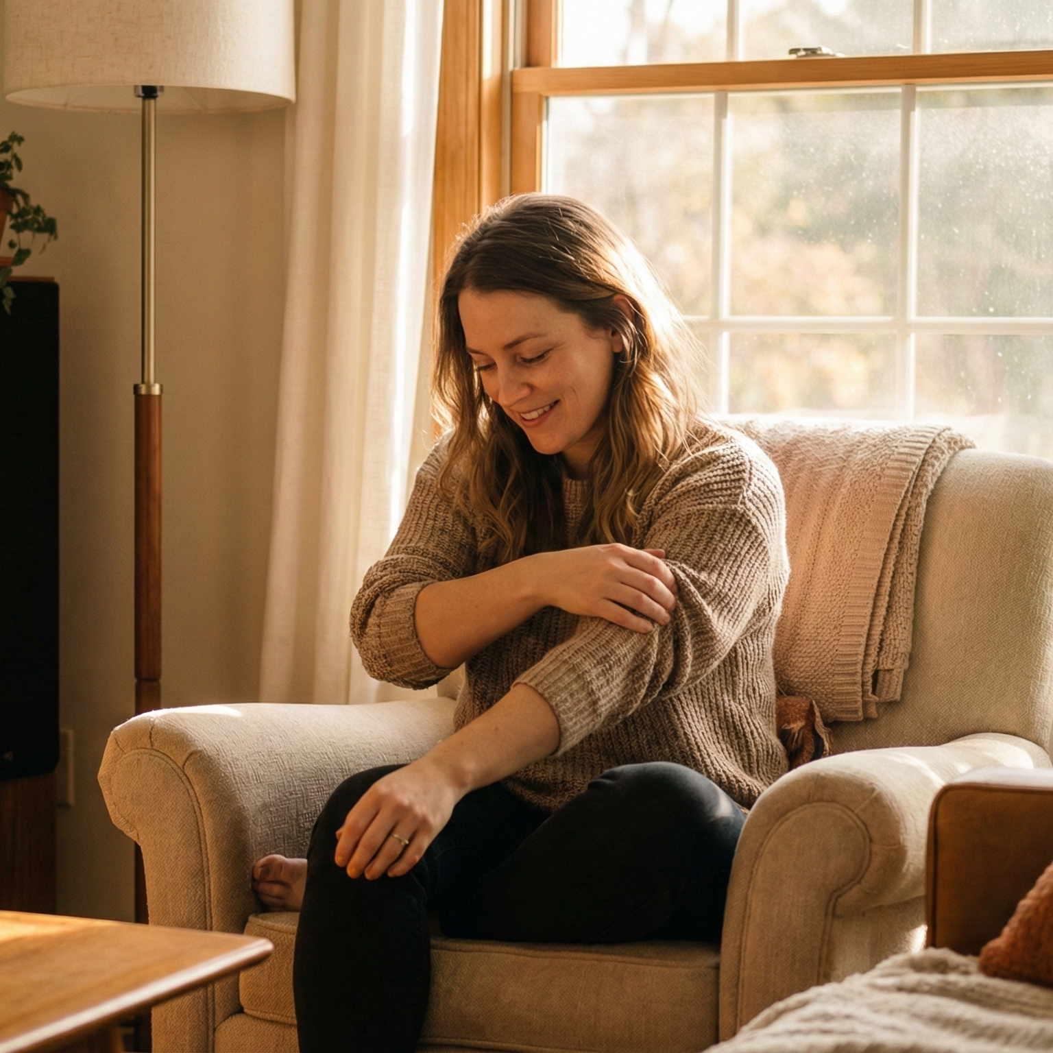 A smiling woman in a sweater sits in an armchair by a window, touching her arm.