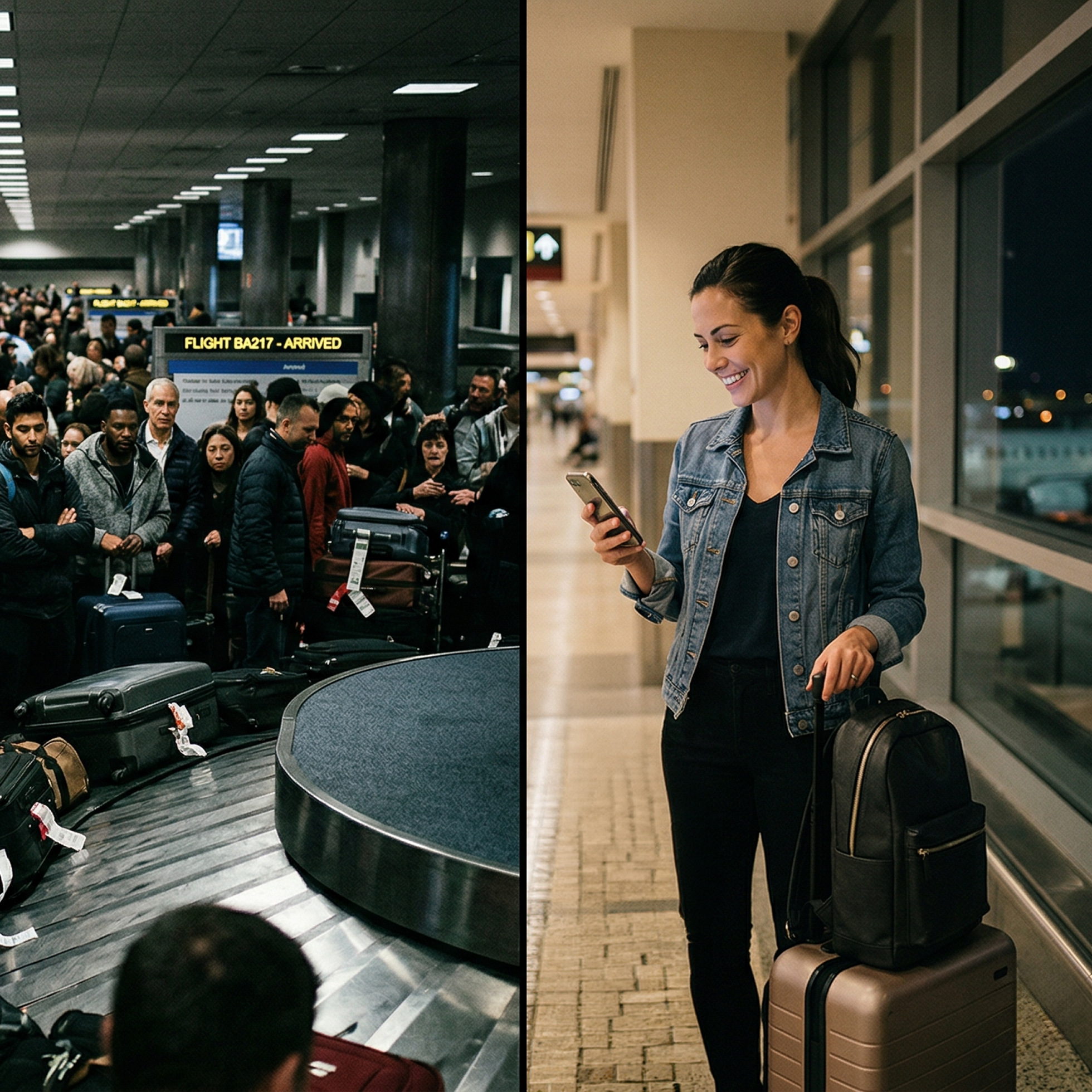 A split image shows a crowded baggage claim on the left and a smiling woman with luggage on the right.