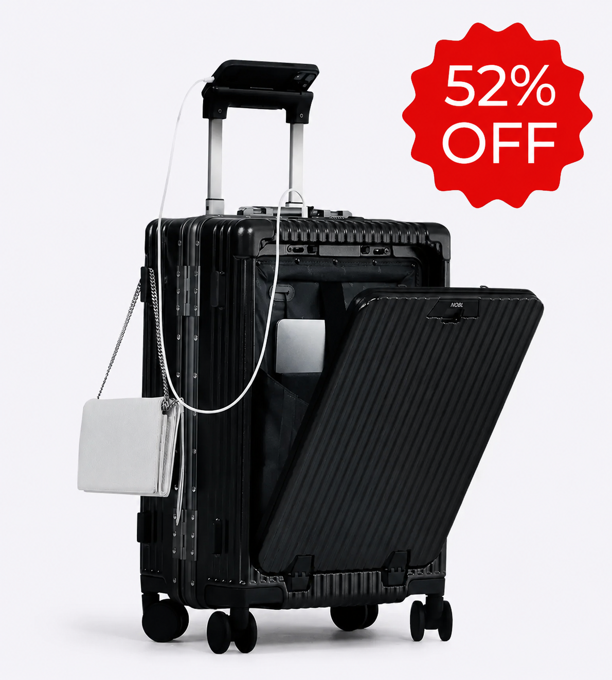 A black smart suitcase with an open front compartment, charging a phone, with a '52% OFF' sticker.