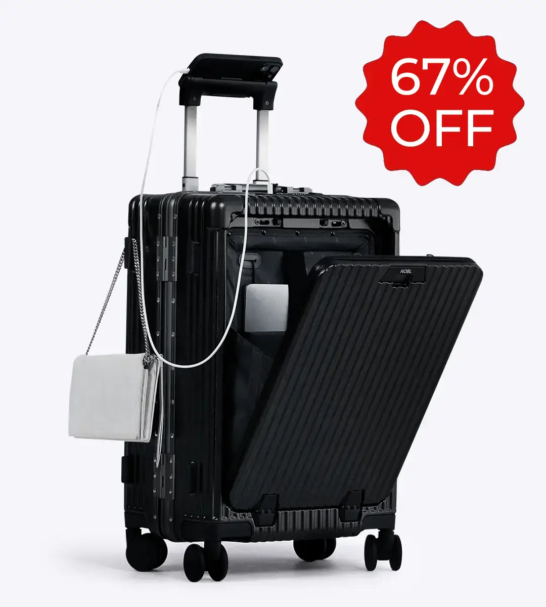 Black suitcase with open lid, handbag, and 67% off label.
