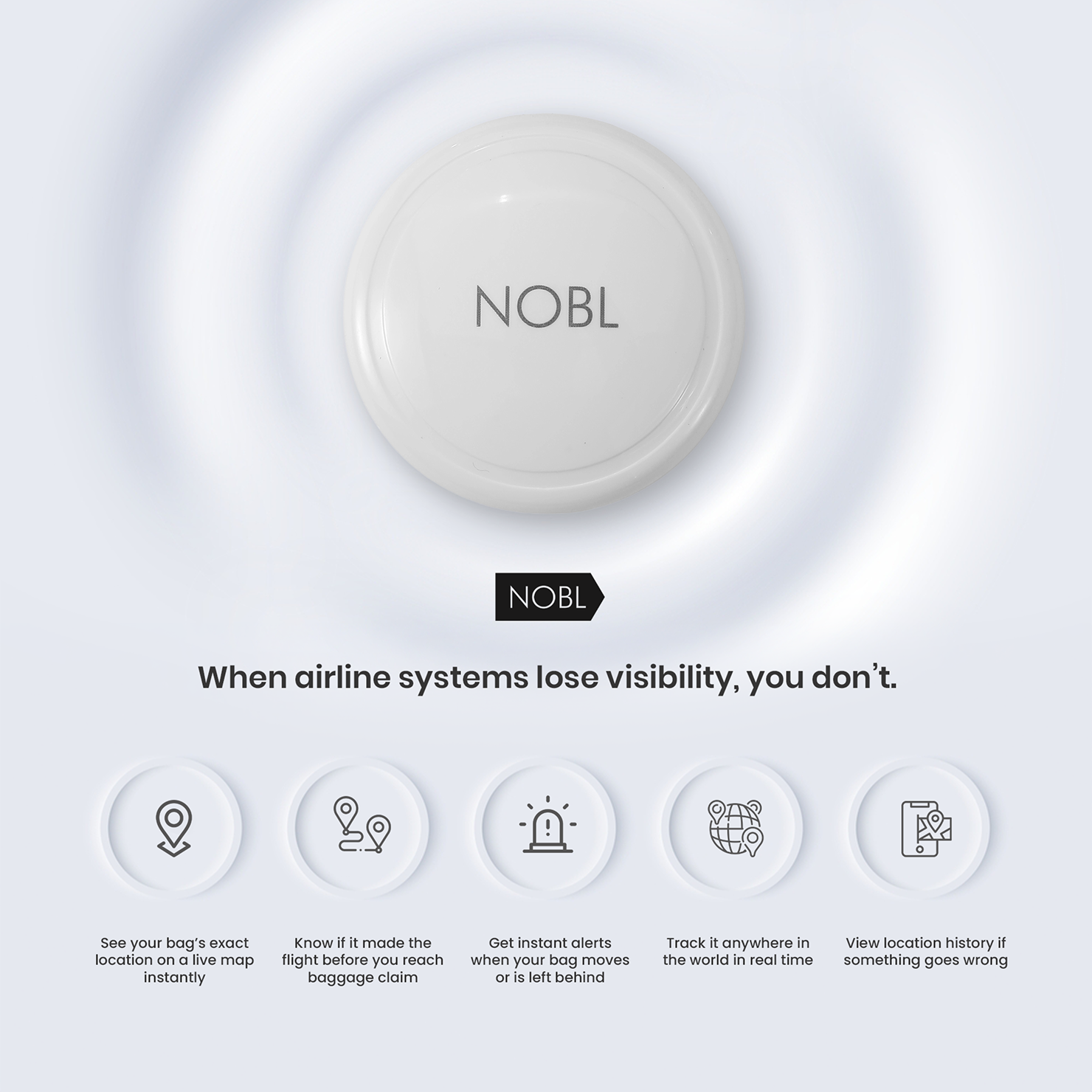 An advertisement for the NOBL luggage tracking device, showcasing the product and its key features with icons.