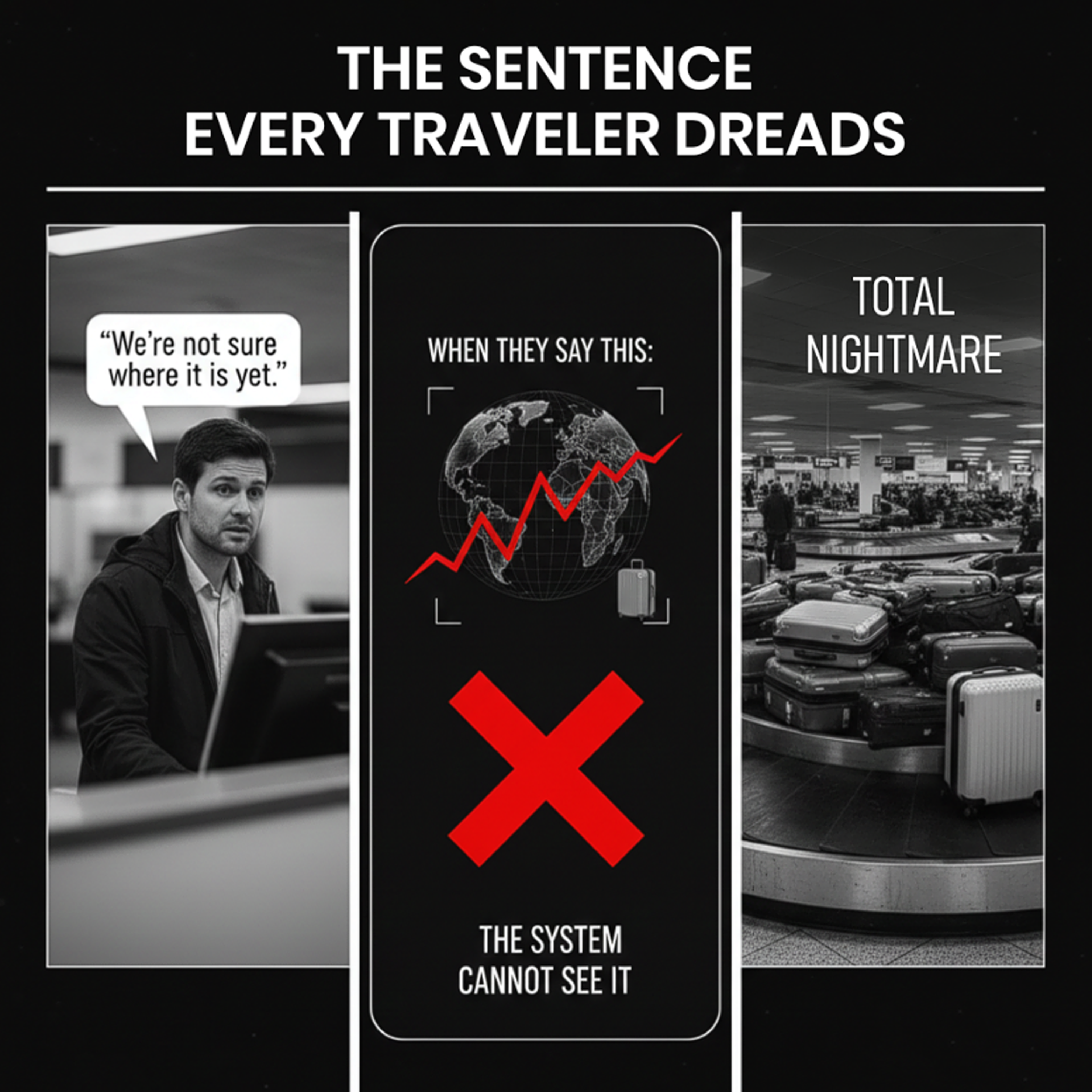 A three-panel graphic about the nightmare of lost luggage, with photos of a traveler and a baggage carousel.