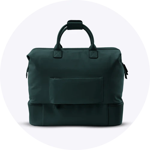 A dark green travel bag with two handles, a front pocket, and a bottom compartment.