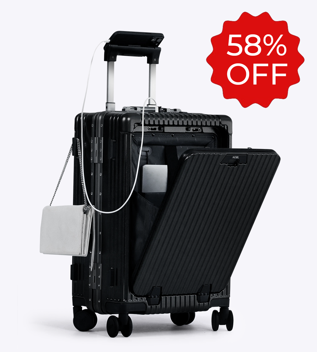 Black suitcase with open compartment, electronics, and 58% off label.