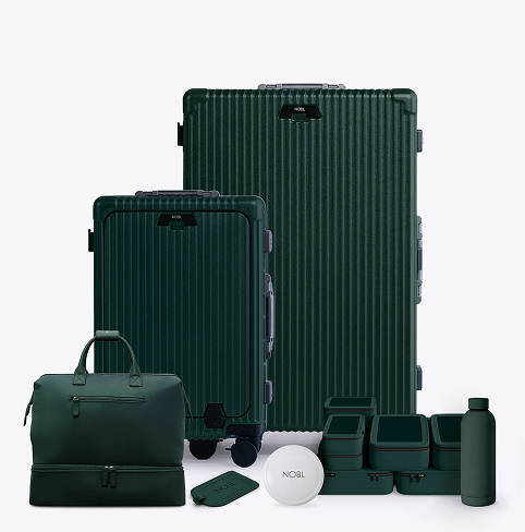 A matching set of dark green travel luggage and accessories against a white background.