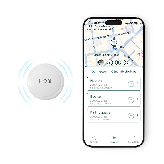 A NOBL personal item tracker next to a smartphone displaying the companion app with a location map.