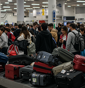 A crowd of travelers waits for their luggage at a baggage claim carousel piled high with suitcases.