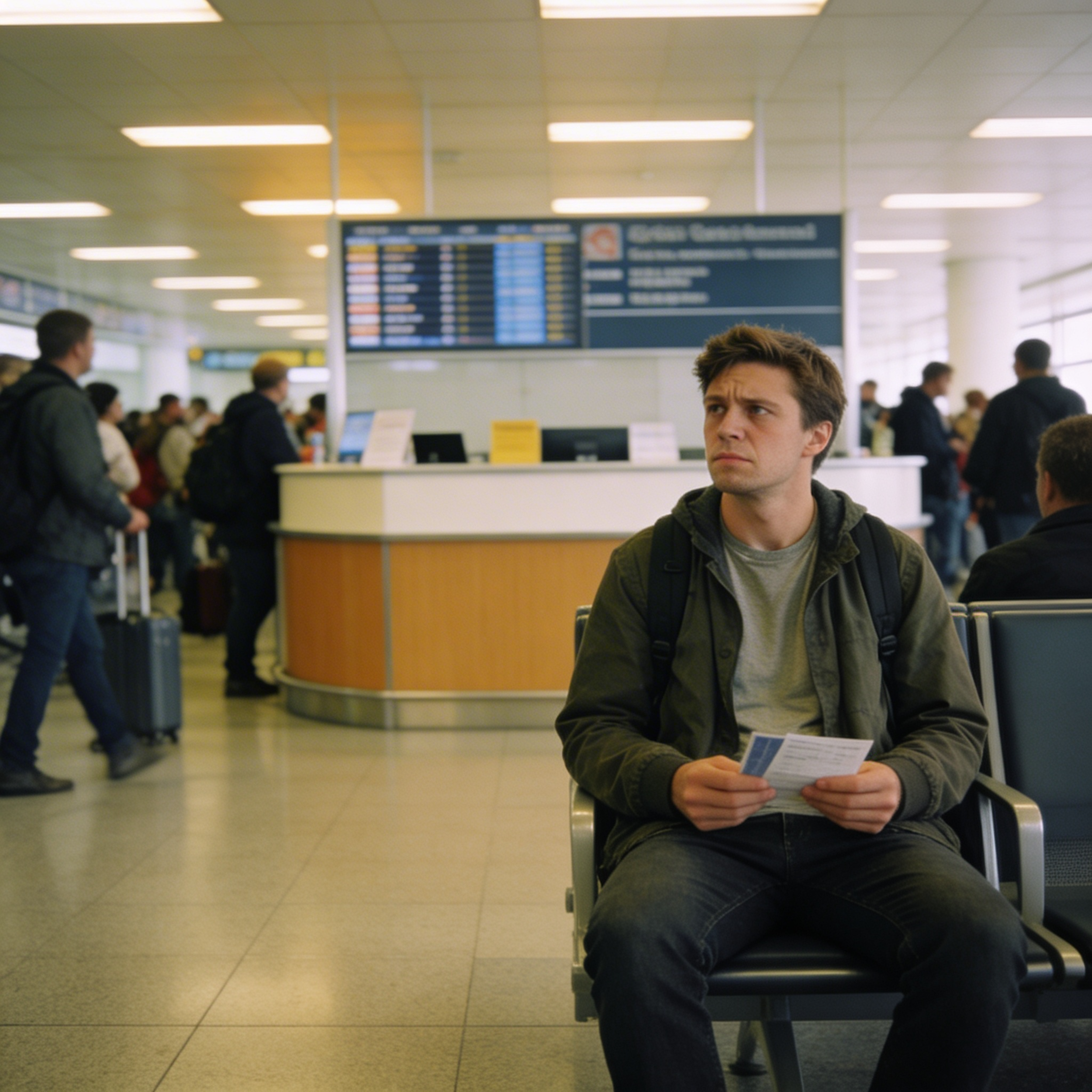 A young man with a worried expression sits in an airport terminal holding a ticket.