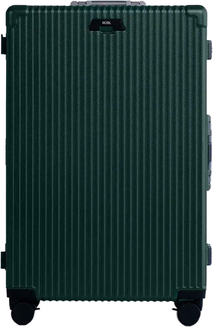 A dark green, hard-sided rolling suitcase with vertical ridges, shown from the front.
