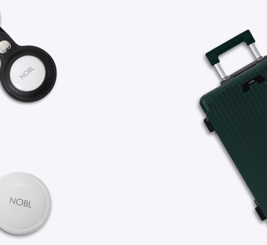 A green rolling suitcase and two white circular NOBL-branded tags on a white background.