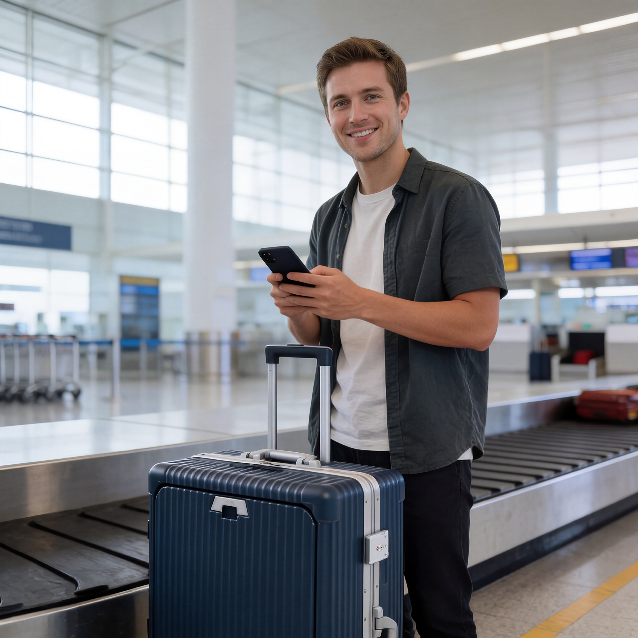 A smiling man holds a smartphone while standing with his suitcase at an airport baggage carousel.