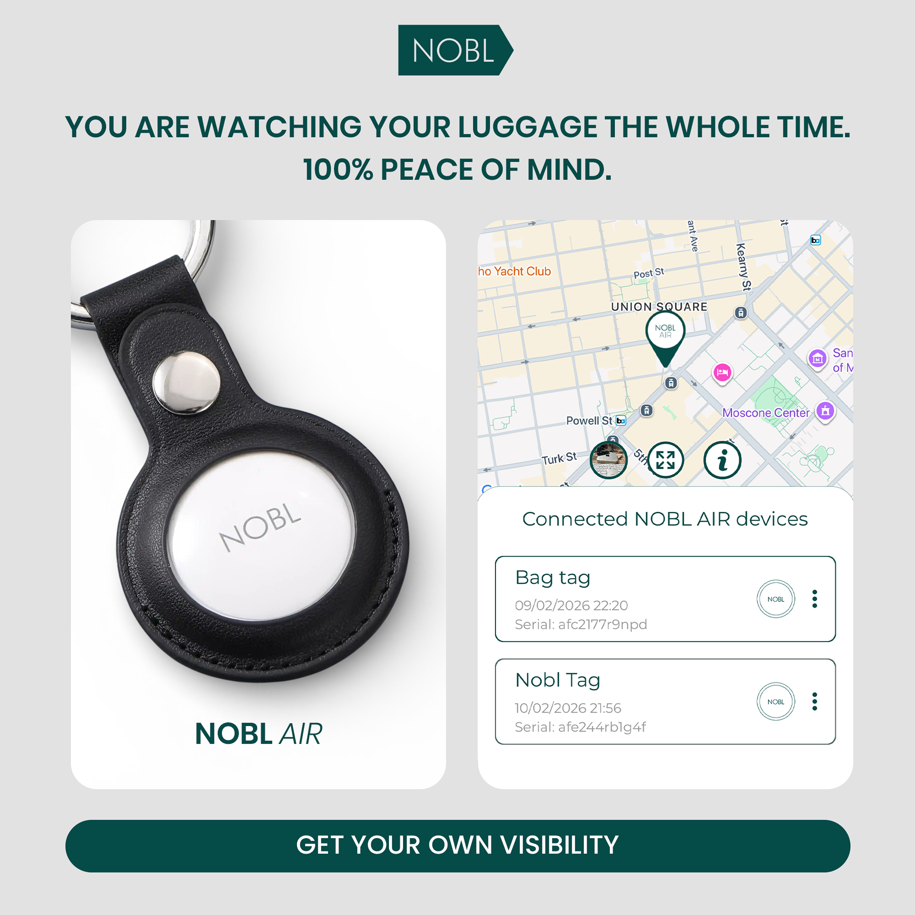 An ad for a NOBL AIR luggage tracker, showing the device and a companion app with a map.