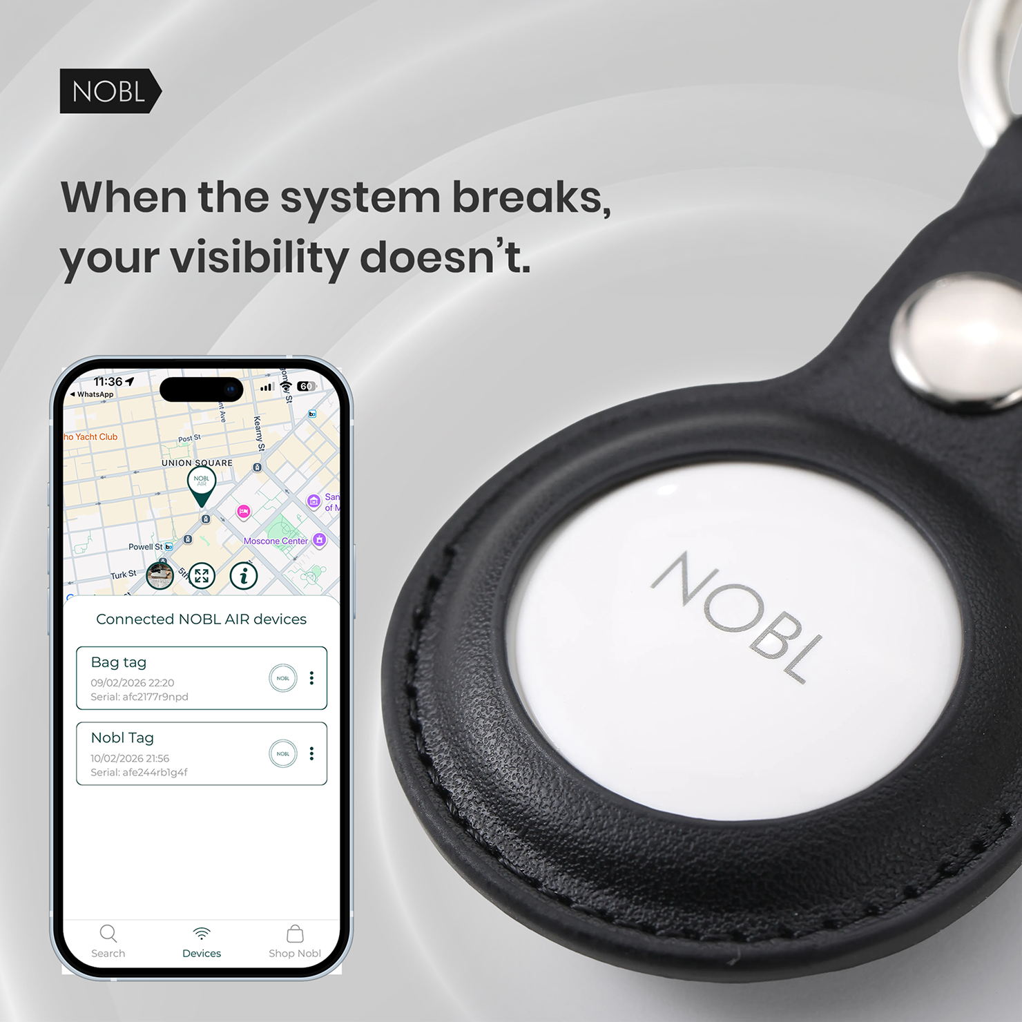 A NOBL tracking tag in a black leather holder next to a smartphone displaying a tracking app.