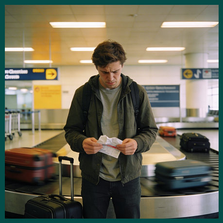A worried-looking man stands at an airport baggage carousel, looking down at a crumpled piece of paper.