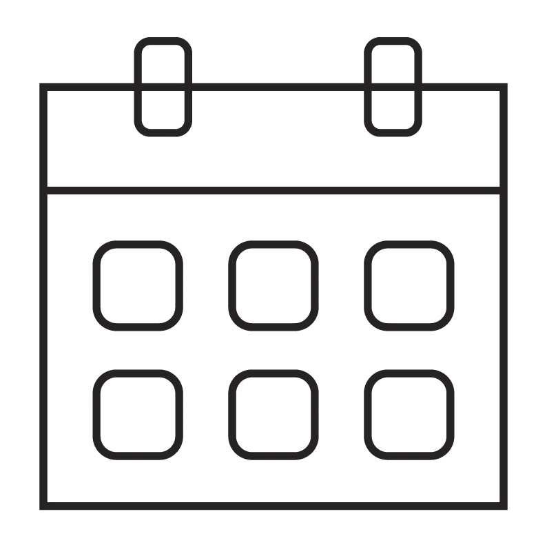 Simple black and white calendar icon with grid.