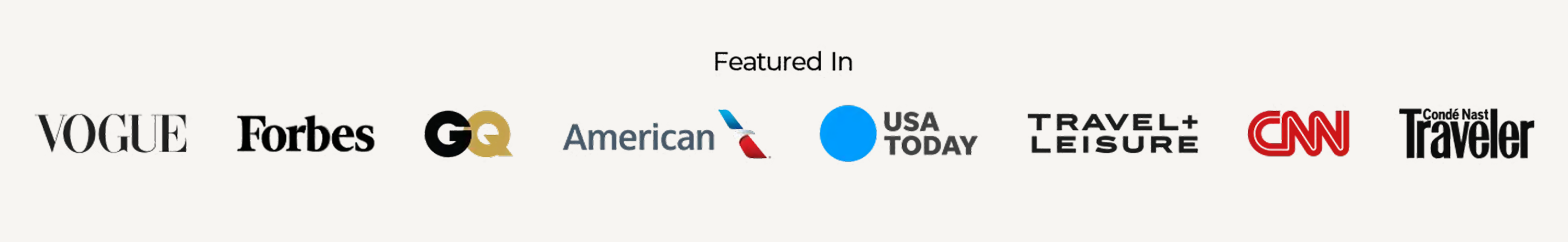 Logos of eight media and travel companies, including Vogue, CNN, Forbes, and USA Today, under 'Featured In'.