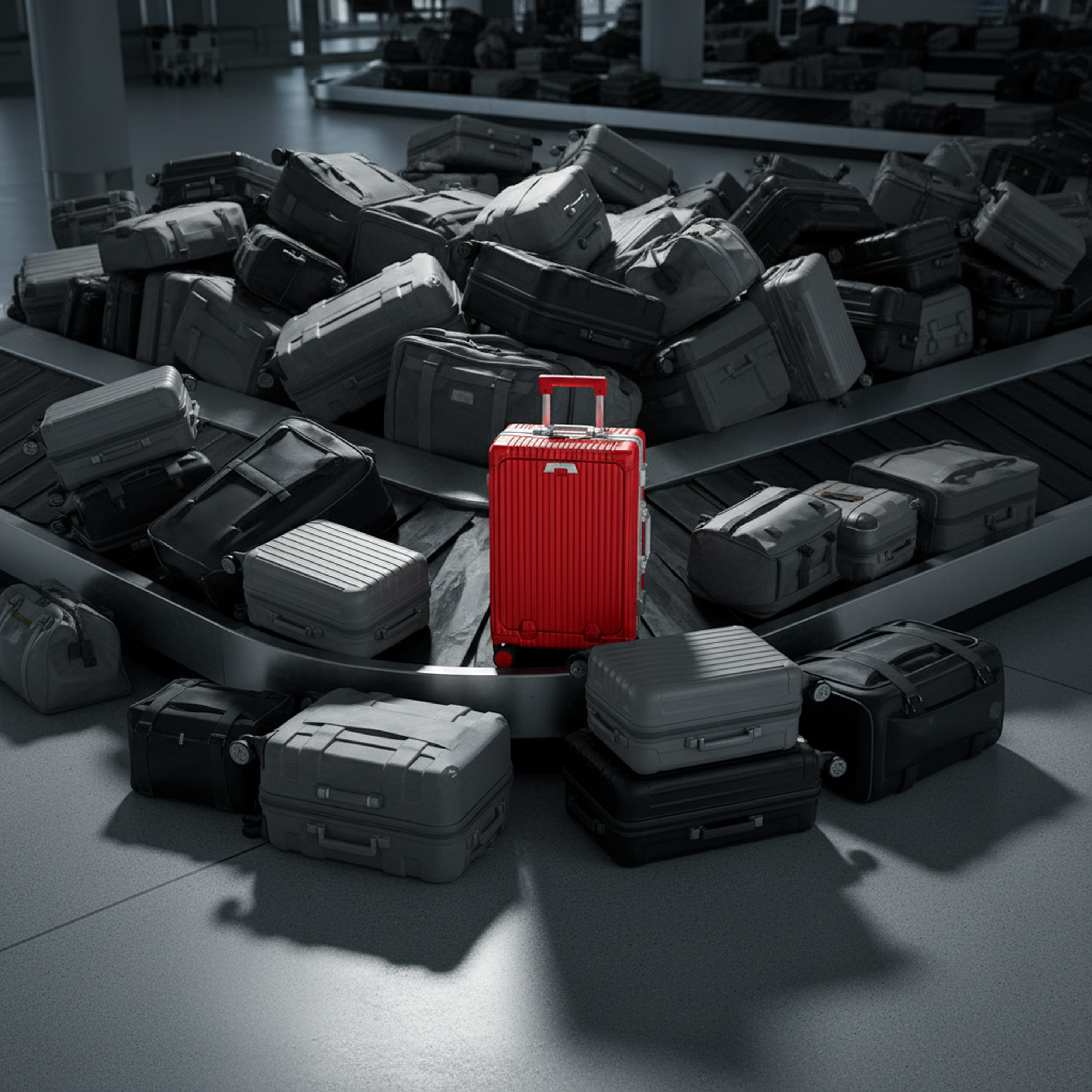 A single red suitcase stands out among dozens of black and white suitcases on a baggage carousel.