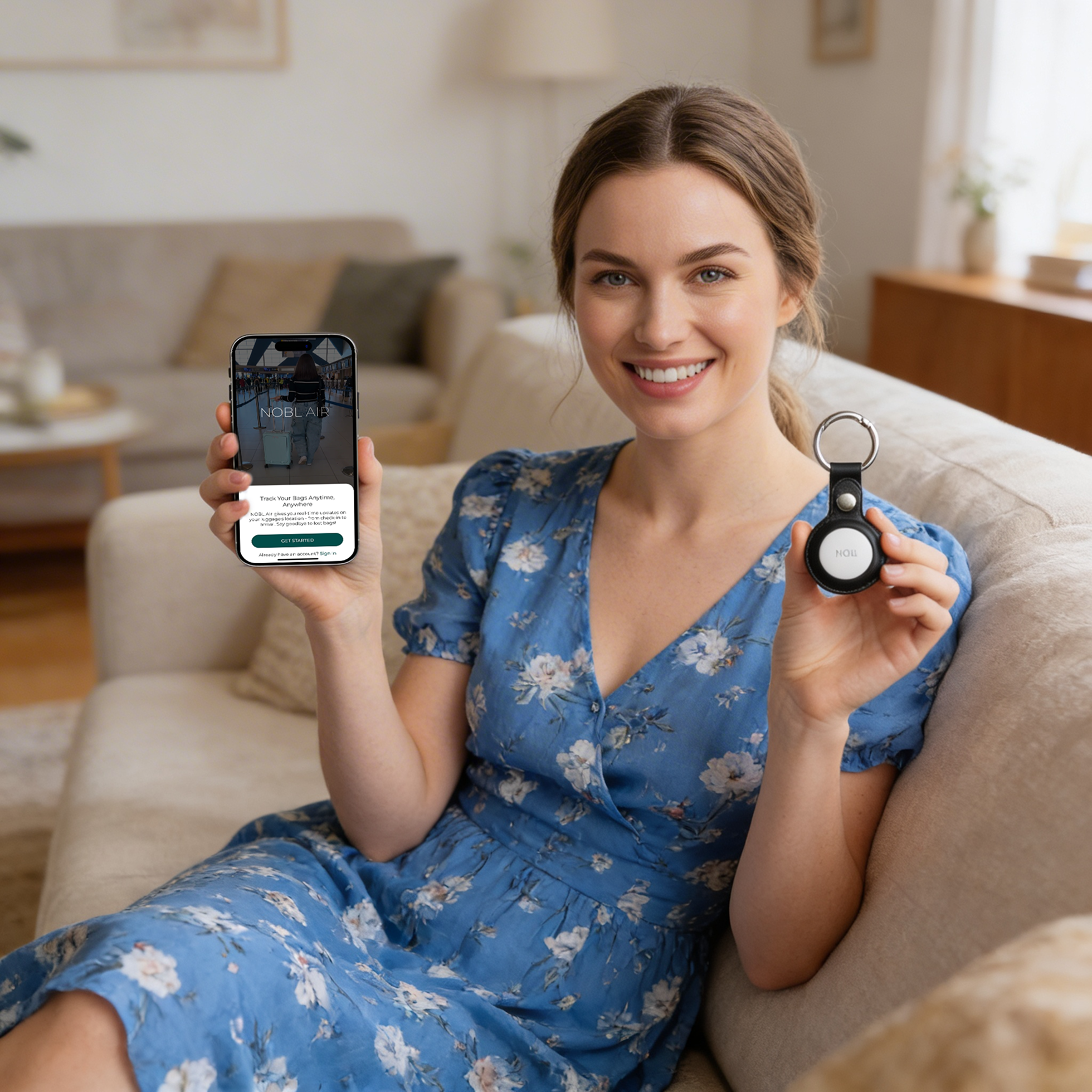 A smiling woman on a couch holds a smartphone and a tracking tag.