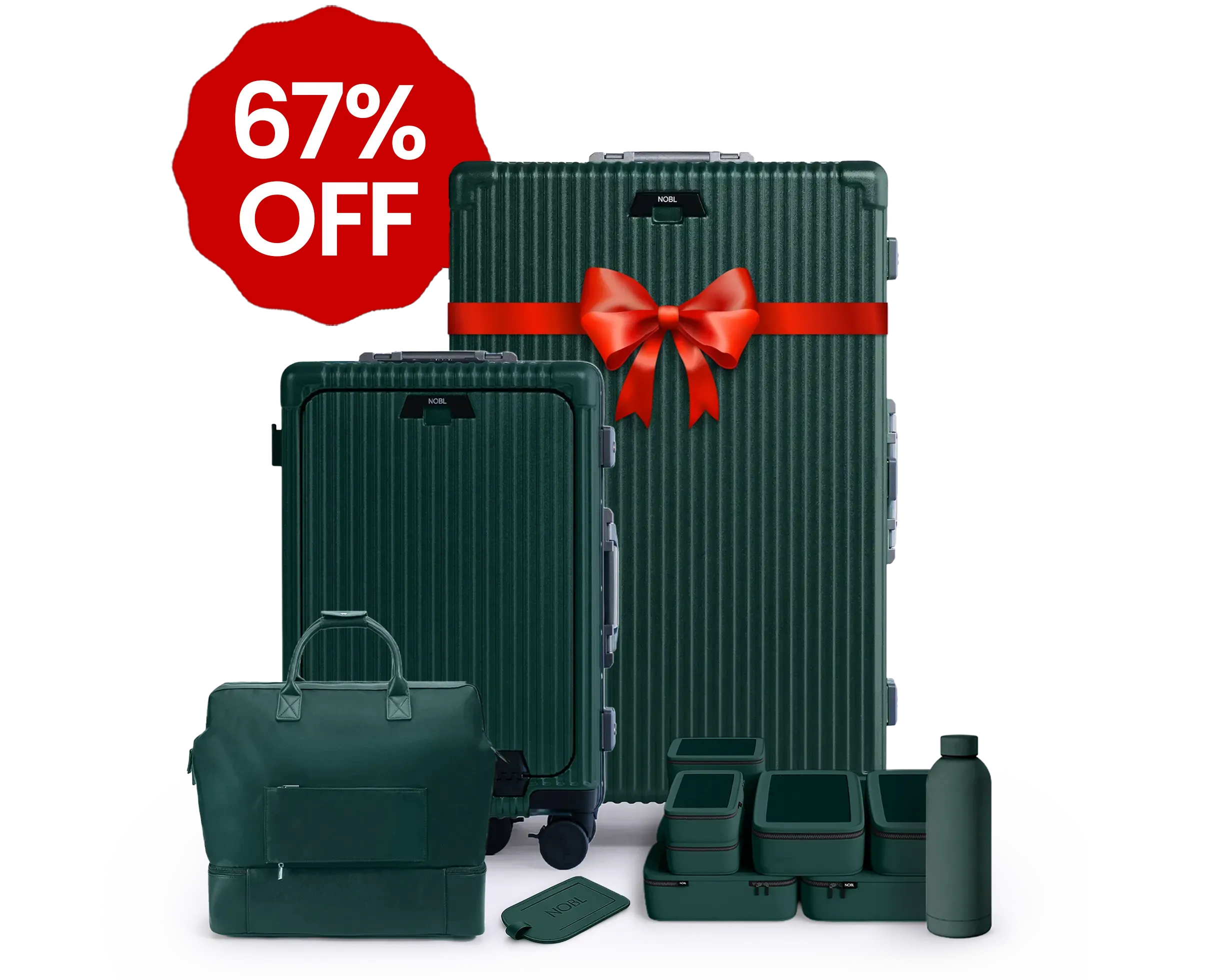 Green luggage set with red bow and '67% OFF' label.