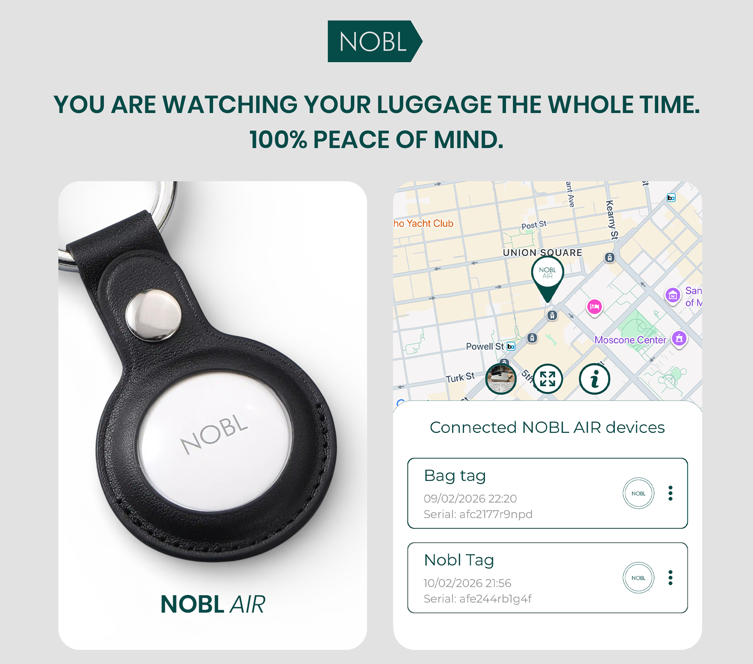 A NOBL AIR tracking tag in a leather holder next to a phone screen showing its location.