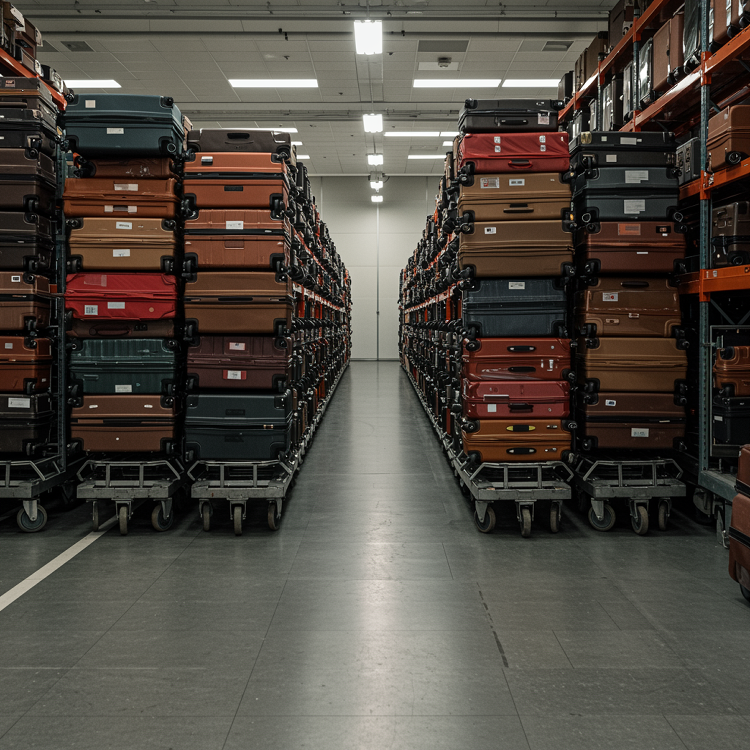 A warehouse aisle is flanked by two long rows of suitcases stacked high on rolling carts.
