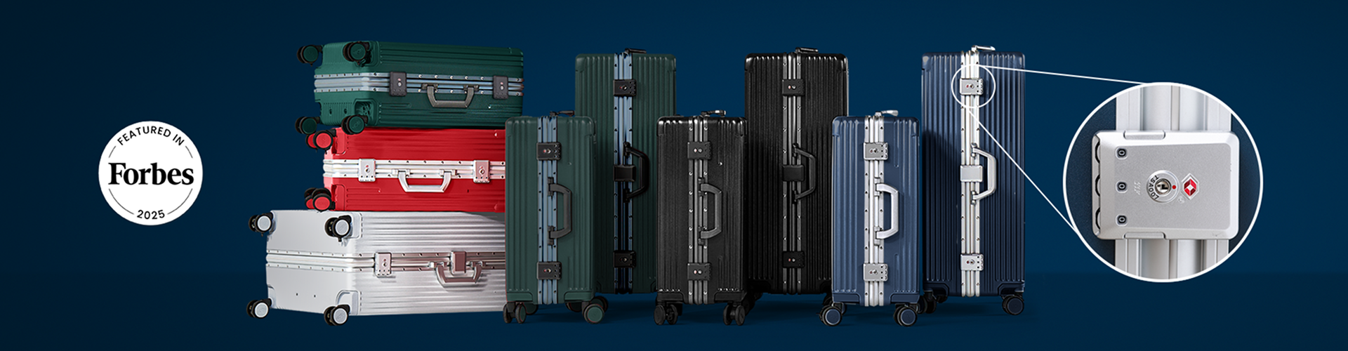 A collection of colorful, hard-shell rolling suitcases with a close-up of a TSA-approved lock.