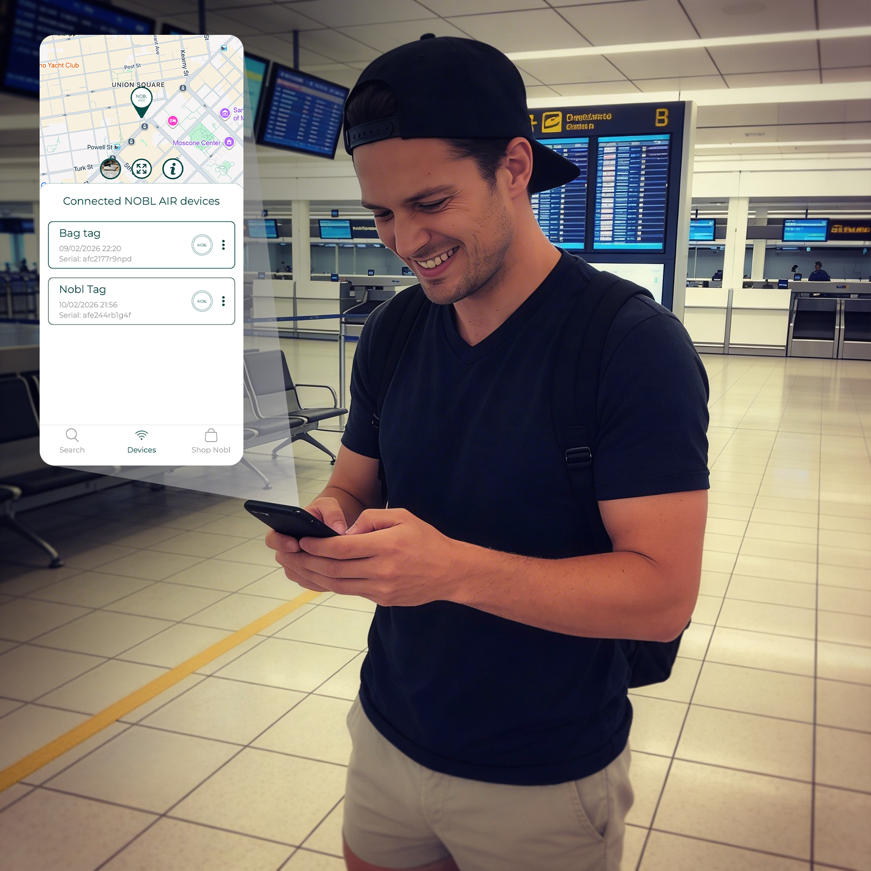 A smiling man in an airport uses a tracking app on his phone to locate his luggage.