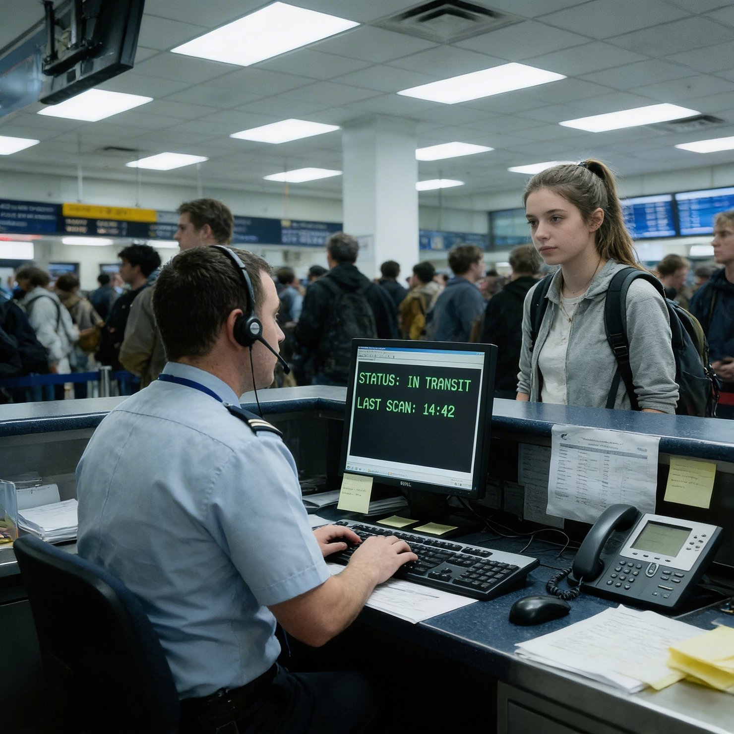 A young woman speaks to a uniformed agent sitting at a computer at a crowded transit counter.