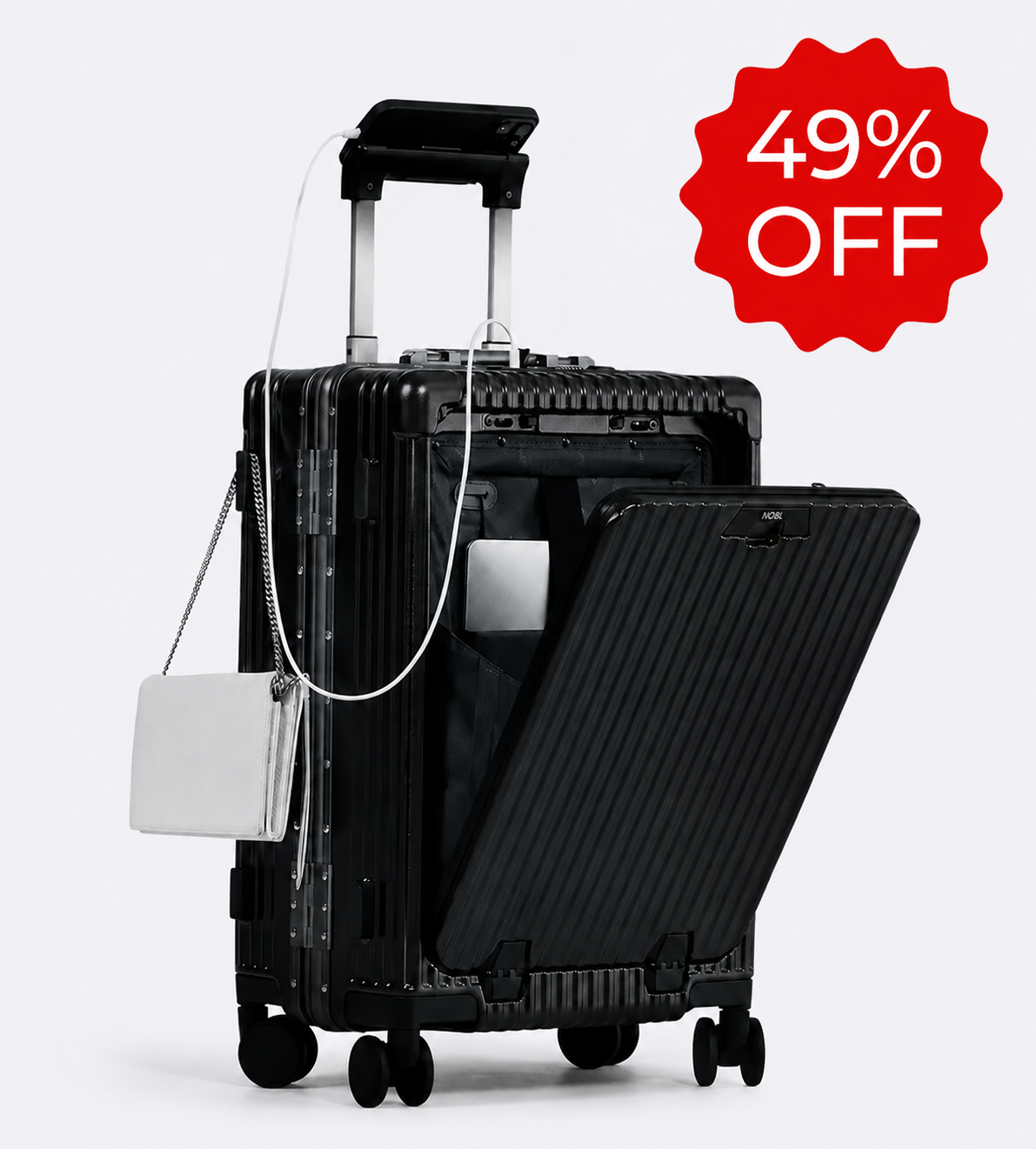 A black rolling suitcase with an open front pocket is charging a phone on its handle.