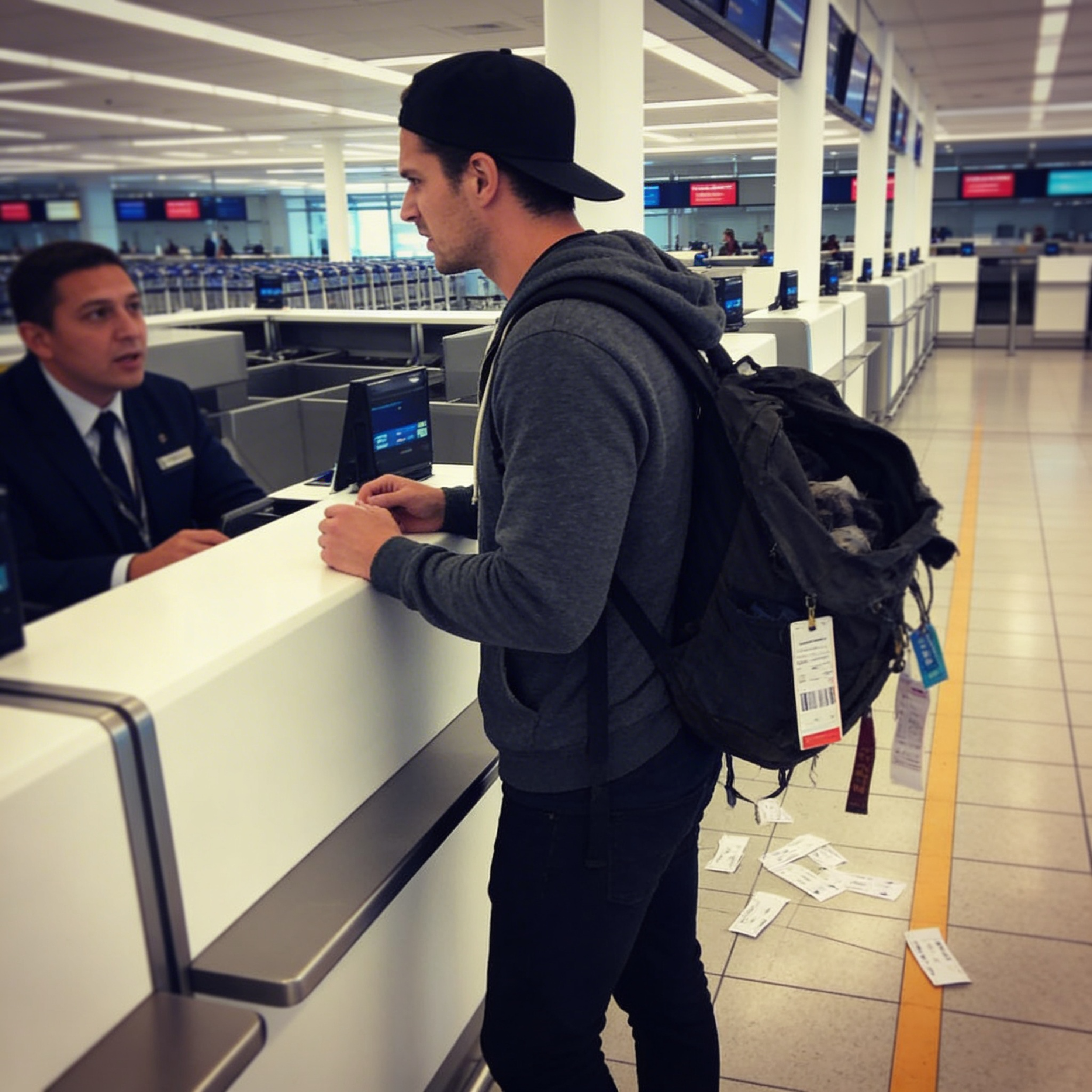 A man with a backpack talks to an airline agent at an airport check-in counter.