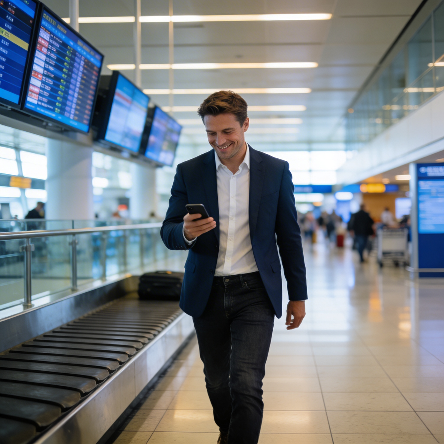A smiling man in a blazer walks through an airport terminal while looking at his phone.