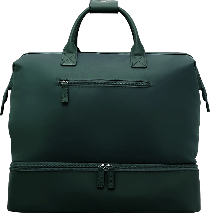 A dark green duffel bag with two handles and a separate zippered compartment on the bottom.