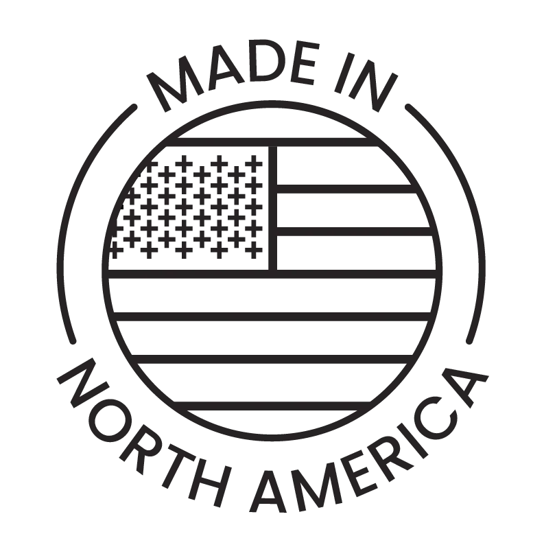Circular logo with 'Made in North America' and American flag inside.